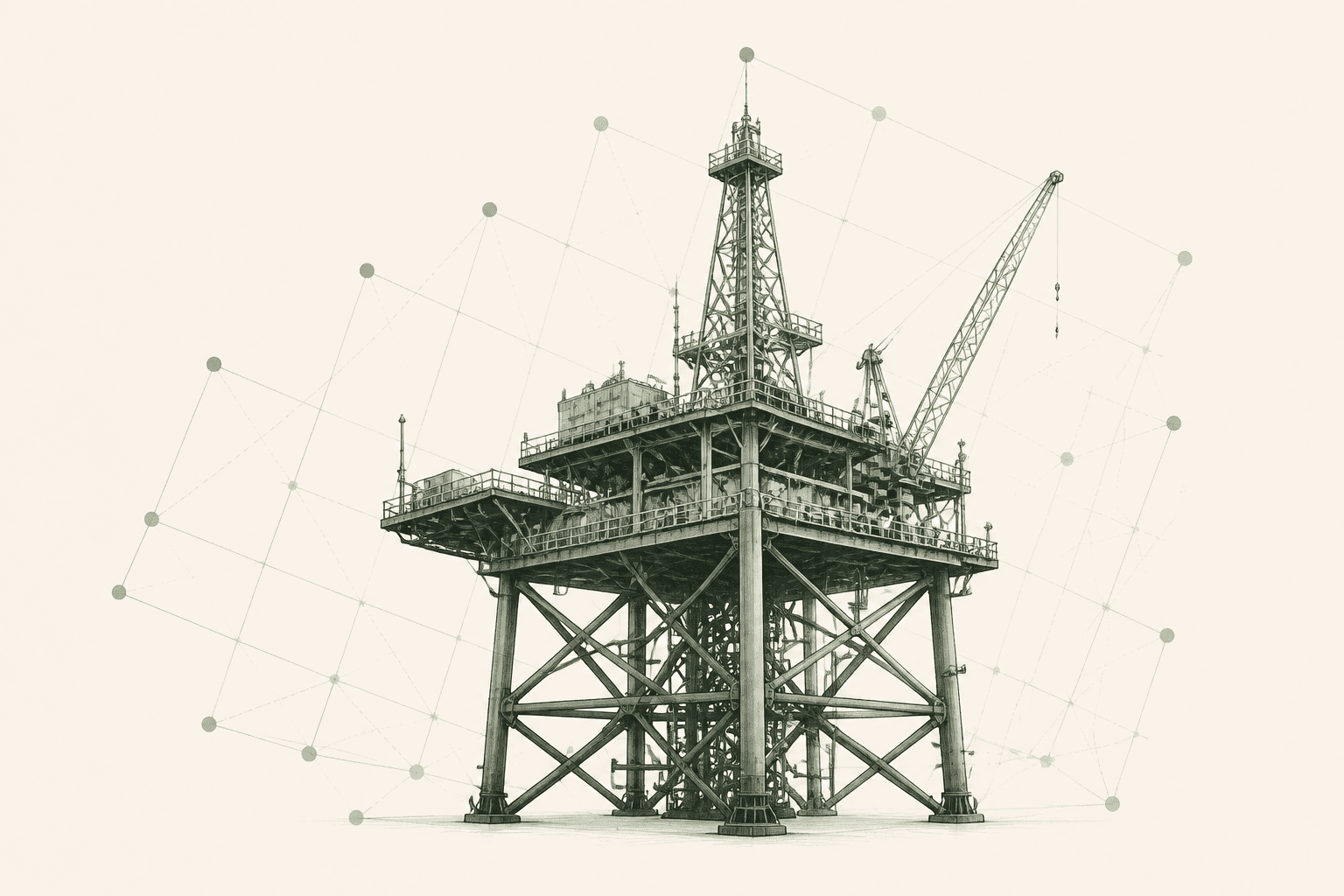 Technical editorial illustration of an offshore jacket platform with a muted engineering grid